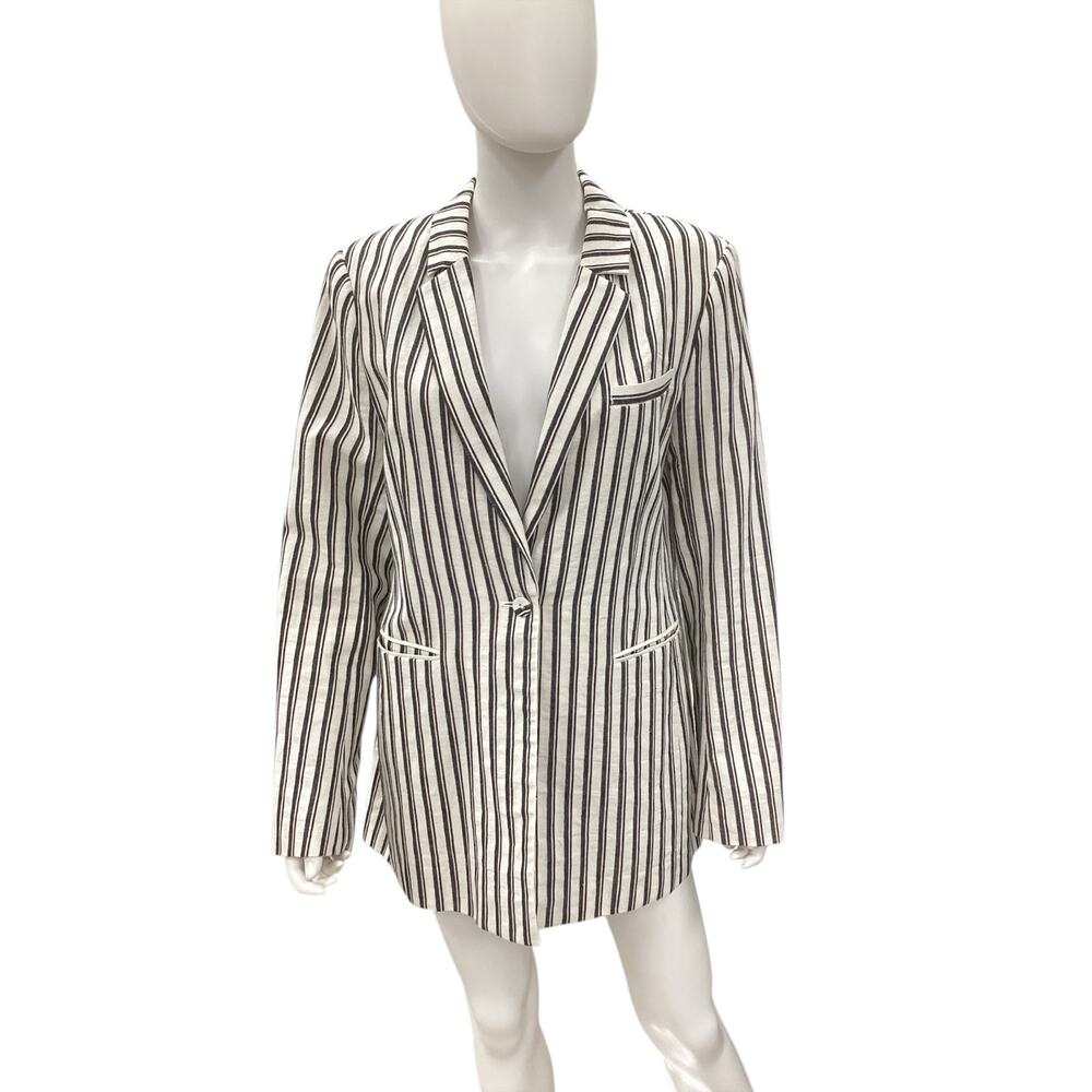 BCBGMaxAzria Blazer Women’s SZ L Stripes Cotton Linen Blend Button Closure White